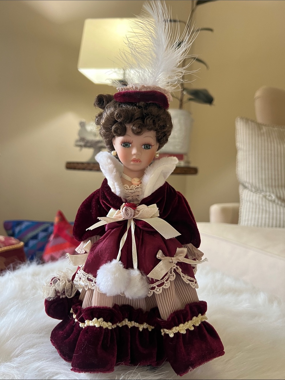 🗝️📠Vintage Victorian -Style Burgundy Porcelain Doll with Feathered Hat
